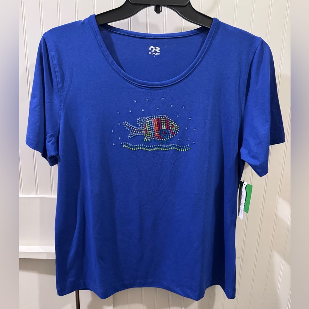 Women’s Princess Cruise Line Blue Short Sleeve Top with Rhinestone Fish NEW